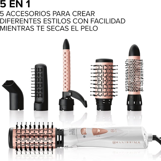 Bellissima Imetec My Pro GH18 1100, Cepillo Moldeador De Aire, Revestimiento En Cerámica, 5 Accesorios Para Cabellos Lisos Y Luminosos, Ondas Suaves O Rizos Marcados, 1000 W, Color Blanco, Estándar