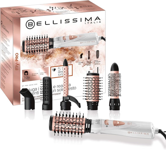 Bellissima Imetec My Pro GH18 1100, Cepillo Moldeador De Aire, Revestimiento En Cerámica, 5 Accesorios Para Cabellos Lisos Y Luminosos, Ondas Suaves O Rizos Marcados, 1000 W, Color Blanco, Estándar